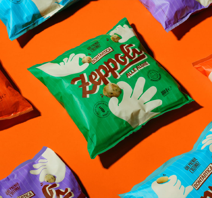 由深圳零食包装设计的Zeppolì品牌形象，将一款即食油炸食品包装打造成冷冻食品货架上的吸睛之作